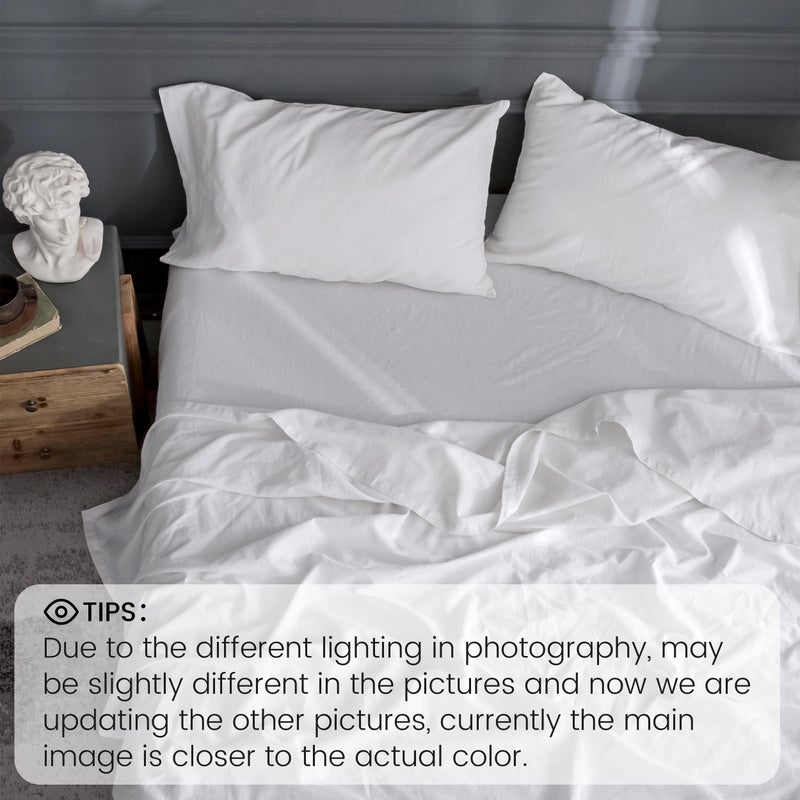 Simple&Opulence Belgian Linen Sheet Set Solid Color - 4 Pieces (1 Flat Sheet, 1 Fitted Sheet & 2 Pillowcases) Natural Flax Cotton Blend Soft Breathable Farmhouse Bedding - Full Size, White - Image 5